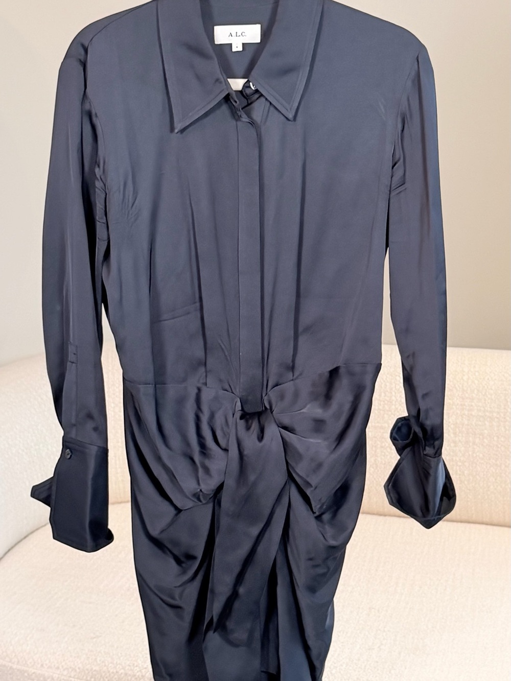 Authentic A.L.C. Navy Satin Ruched Shirt Mini Dress – Size 6